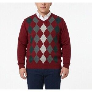 Apt.9 Mens Sweater Size L Red Long Sleeve Argyle V-Neck Pullover Top Merino Wool
